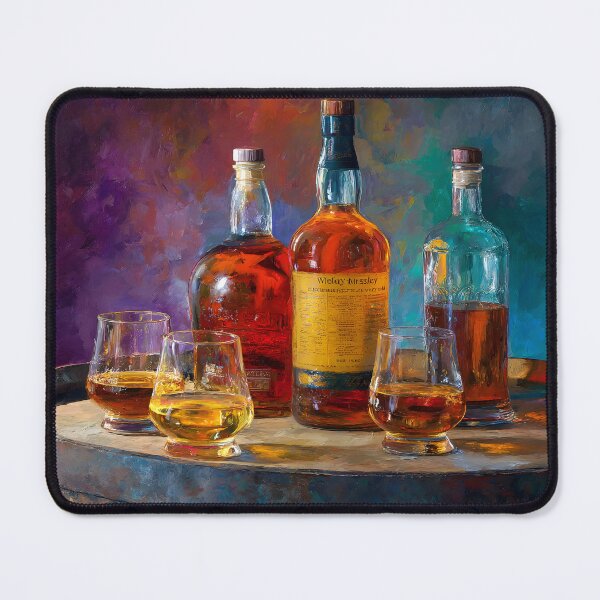 Item preview, Whiskey Bottles and Glasses on Wooden Barrel - Elegant Blend of Amber and Gold Vibrant Background designed and sold by OlfactoART Studio.