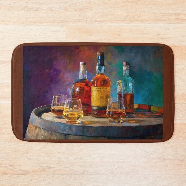 Item preview, Whiskey Bottles and Glasses on Wooden Barrel - Elegant Blend of Amber and Gold Vibrant Background designed and sold by OlfactoART Studio.