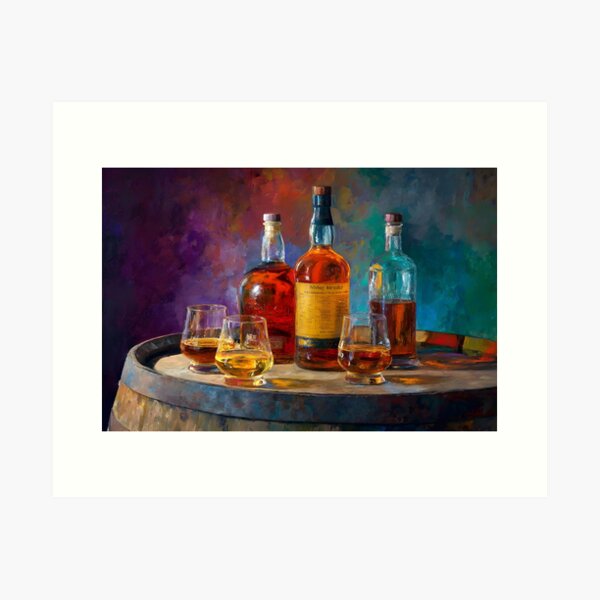Item preview, Whiskey Bottles and Glasses on Wooden Barrel - Elegant Blend of Amber and Gold Vibrant Background designed and sold by OlfactoART Studio.