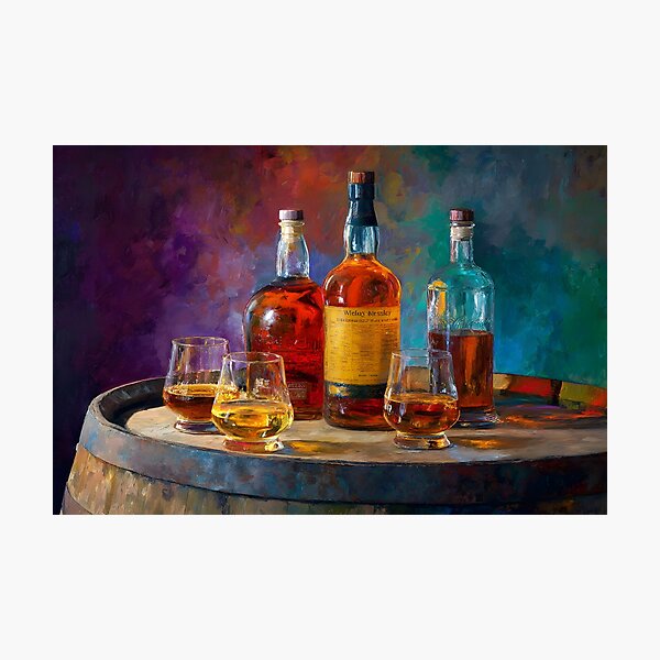 Item preview, Whiskey Bottles and Glasses on Wooden Barrel - Elegant Blend of Amber and Gold Vibrant Background designed and sold by OlfactoART Studio.