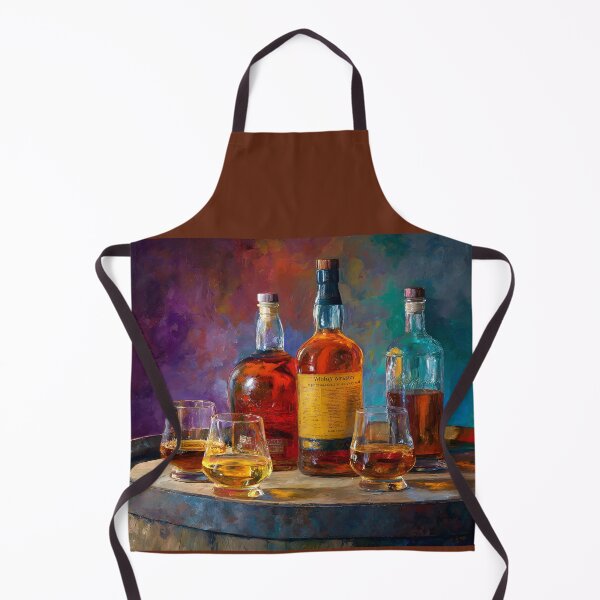 Item preview, Whiskey Bottles and Glasses on Wooden Barrel - Elegant Blend of Amber and Gold Vibrant Background designed and sold by OlfactoART Studio.