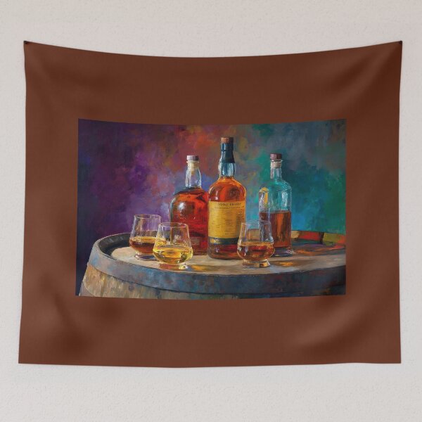 Item preview, Whiskey Bottles and Glasses on Wooden Barrel - Elegant Blend of Amber and Gold Vibrant Background designed and sold by OlfactoART Studio.