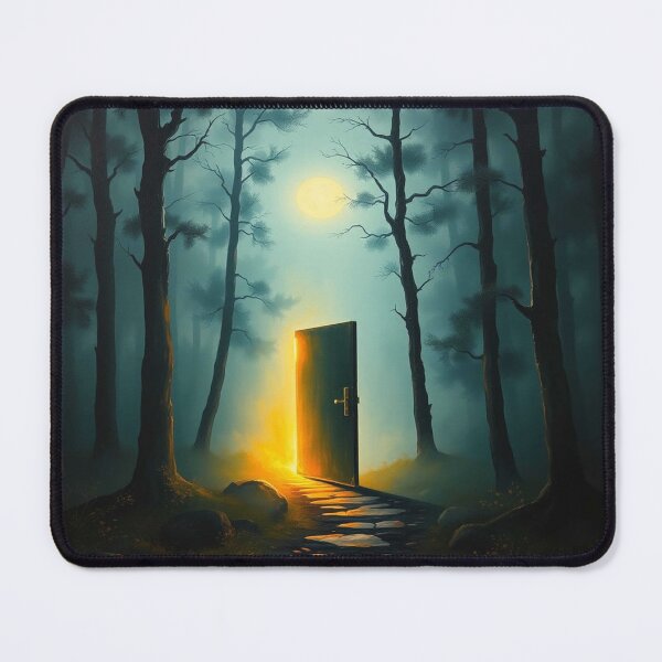 Item preview, Mysterious glowing door in enchanted forest, hidden in the fog, surreal atmosphere full of unknown magic designed and sold by FotoworldEdel.