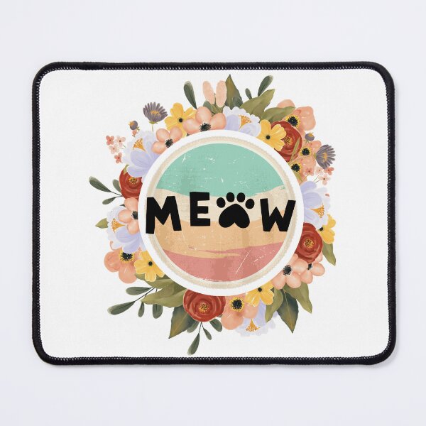 Item preview, Retro Meow – Cute Cat Typography with Floral Frame designed and sold by RisenAgain - Quantum BrainGlitch | Designs.
