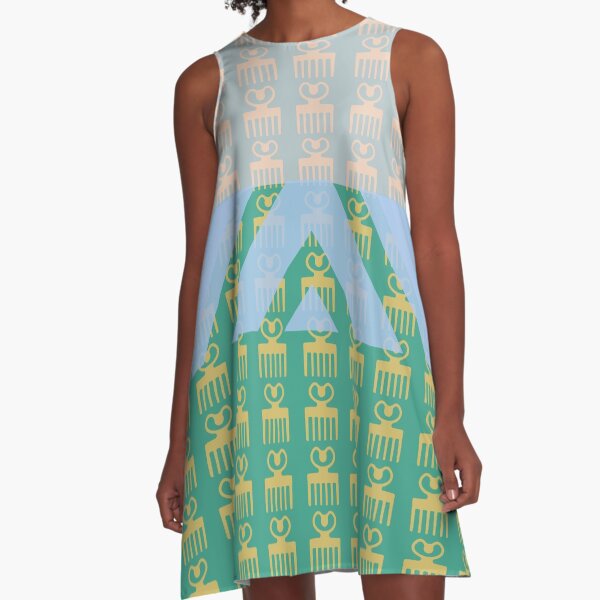 Duafe - Wooden Comb - Adinkra symbol pink green touch A-Line Dress