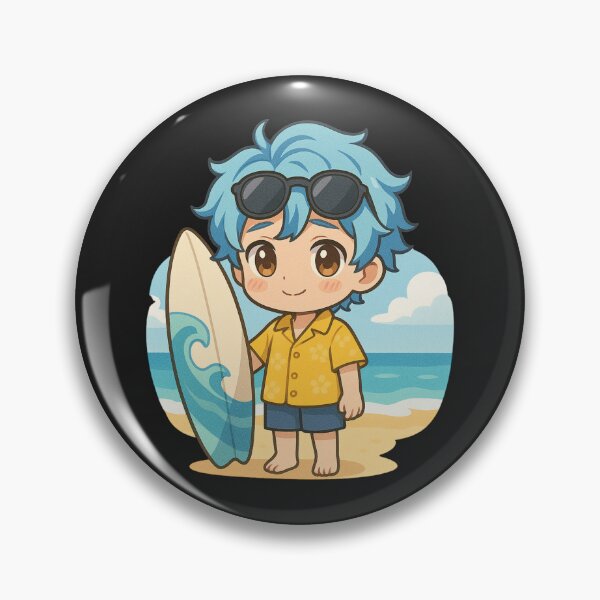 Item preview, Ocean Breeze Chibi Boy – Cute Shy Anime Surfer with Blue Hair & Shades designed and sold by ColorSplash123.