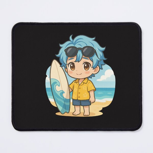 Item preview, Ocean Breeze Chibi Boy – Cute Shy Anime Surfer with Blue Hair & Shades designed and sold by ColorSplash123.
