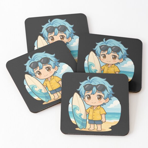 Item preview, Ocean Breeze Chibi Boy – Cute Shy Anime Surfer with Blue Hair & Shades designed and sold by ColorSplash123.