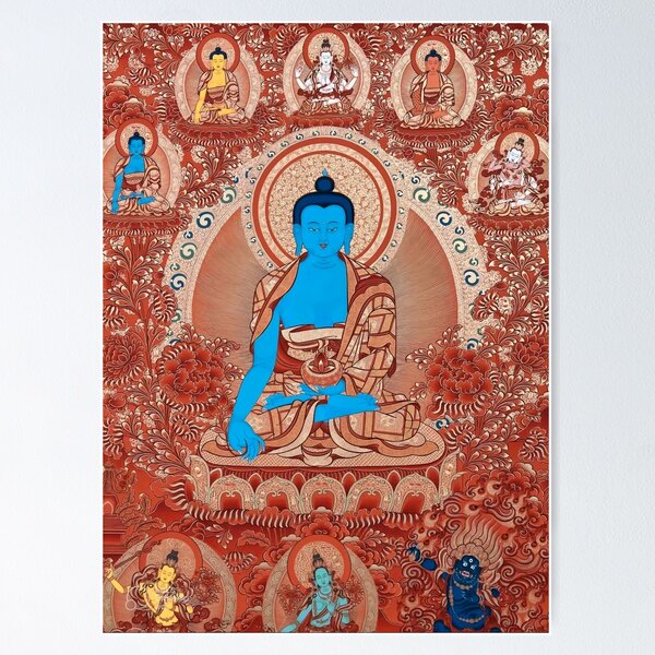 Item preview, Red Gold Medicine Buddha Thangka Art Print designed and sold by AetherNest.