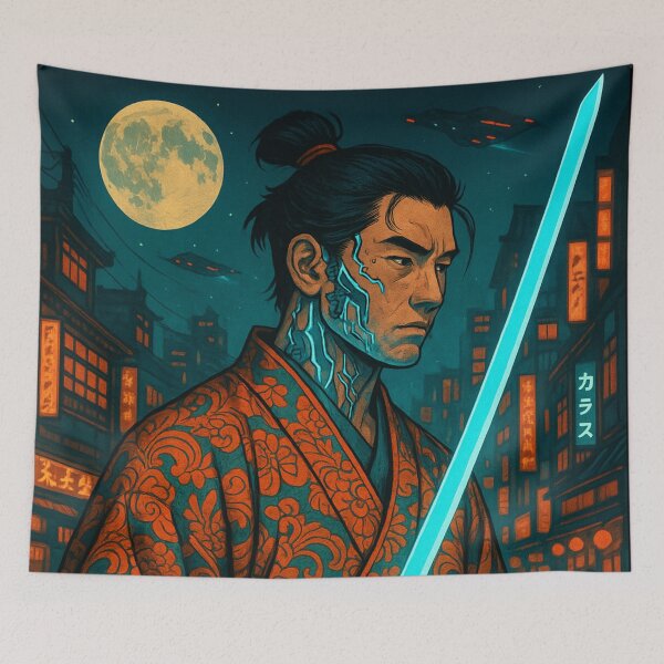 Item preview, Moonlit Cyber Ronin – Neon Samurai Vigil designed and sold by JPN-NOGRAY-SHOP.