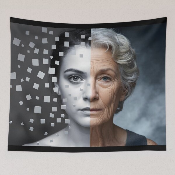 Item preview, Portrait of a woman's face split vertically showing youth and old age designed and sold by mystiquelicorne.