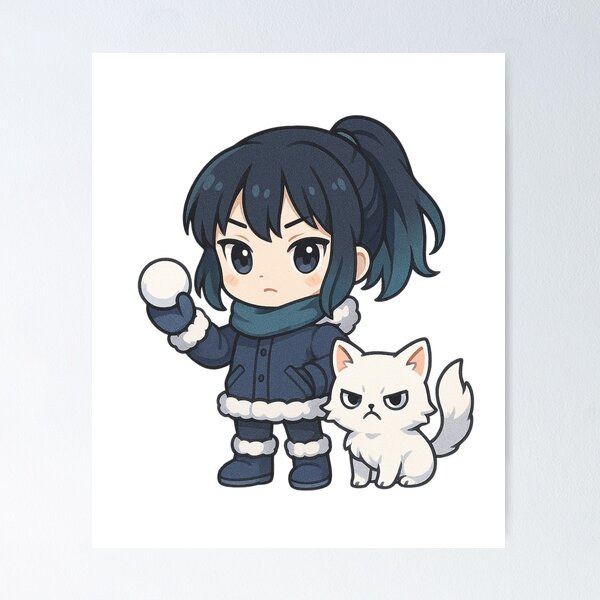 Item preview, Snowball Fighter Girl & Angry Cat – Chibi Winter Anime Style designed and sold by ColorSplash123.