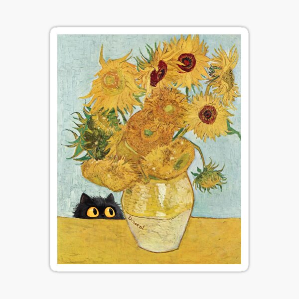 Artikel-Vorschau von Vincent Van Gogh Sonnenblumen und eine neugierige schwarze Katze, designt und verkauft von PopfoxStudio.