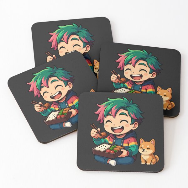 Item preview, Happy Chibi Boy Eating Bento | Green-Pink Hair Anime Style designed and sold by ColorSplash123.