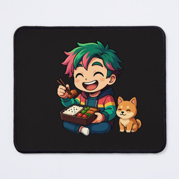 Item preview, Happy Chibi Boy Eating Bento | Green-Pink Hair Anime Style designed and sold by ColorSplash123.