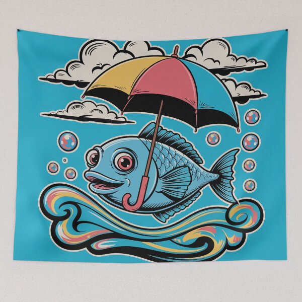 Item preview, fish with an umbrella, pop-surrealist style designed and sold by Lilashakti ⭐️ ⭐️ ⭐️ ⭐️ ⭐️.