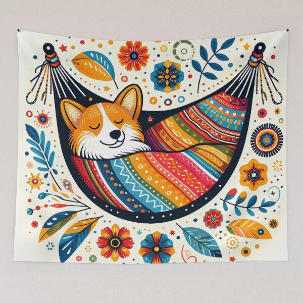 Item preview, Cute Corgi Chillin in a Hammock - Scandinavian Folk Art by heidiannemorris © designed and sold by FOLK ART FUSION by heidiannemorris.