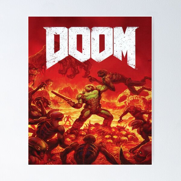 Vista previa del artículo con la obra «Póster de DOOM Slayer: Arte retro de batalla infernal», diseñado y vendido por LAS-PRINTS.