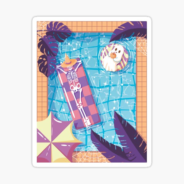 Item preview, Spooky Swimming Pool Day With Witchy Skeleton and Cute Ghost designed and sold by StudioFloraLuna.