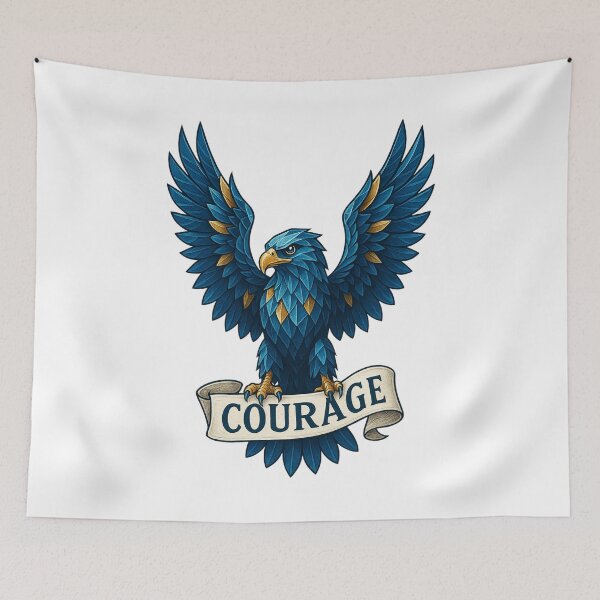 Item preview, Majestic Crystal Eagle in Flight Holding 'COURAGE' Banner – Powerful Geometric Black Artwork designed and sold by CosmicSplendor.