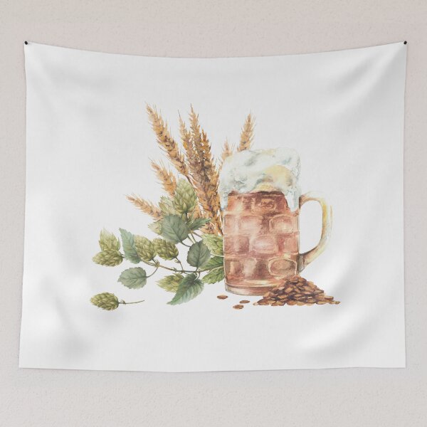 Item preview, Beer mug with green hops branch, heap of malt with malt spike, ears. Watercolor brewing  designed and sold by BartolArt.