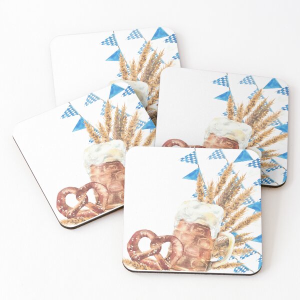 Item preview, Mug of Beer with pretzel, malt ears against of blue rhombus Bavarian flags. Watercolor designed and sold by BartolArt.