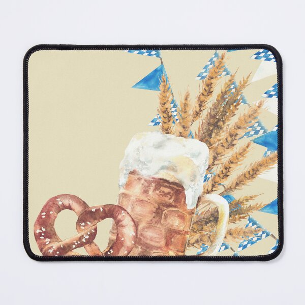 Item preview, Mug of Beer with pretzel, malt ears against of blue rhombus Bavarian flags. Watercolor designed and sold by BartolArt.
