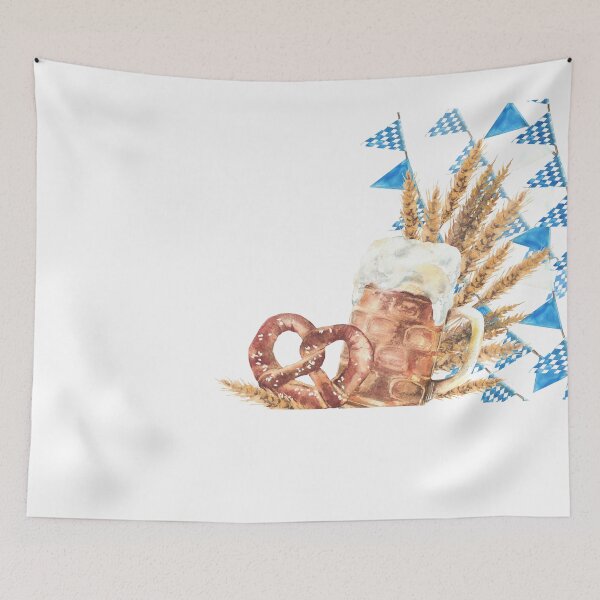 Item preview, Mug of Beer with pretzel, malt ears against of blue rhombus Bavarian flags. Watercolor designed and sold by BartolArt.