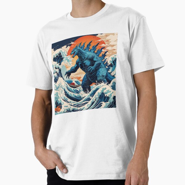 Aperçu de l'œuvre Godzilla contre la Grande Vague - Impression d'art kaiju ukiyo-e japonaise créée et vendue par UsingTechToArt.