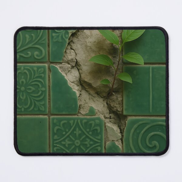 Item preview, A resilient green plant sprouts from a crack in a wall of broken green patterned tiles, showcasing nature's persistence designed and sold by homydesign.