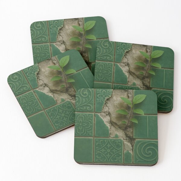 Item preview, A resilient green plant sprouts from a crack in a wall of broken green patterned tiles, showcasing nature's persistence designed and sold by homydesign.