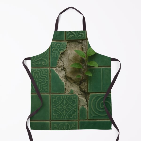 Item preview, A resilient green plant sprouts from a crack in a wall of broken green patterned tiles, showcasing nature's persistence designed and sold by homydesign.