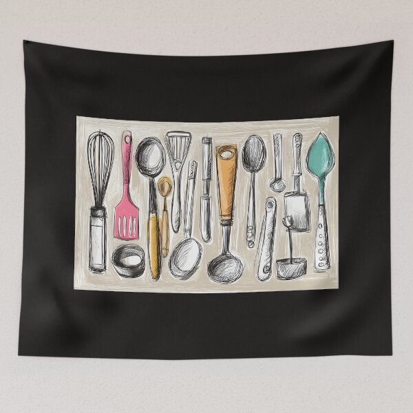 Item preview, Wall Art of Colorful Kitchen Tools - Whisk, Spatula, and Ladle in Vibrant Harmony designed and sold by OlfactoART Studio.