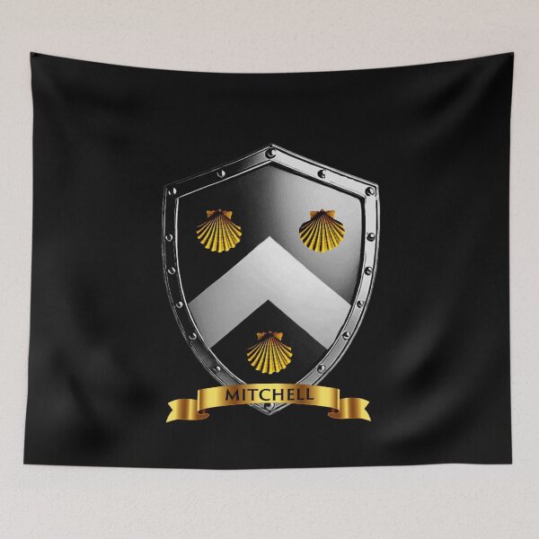 Item preview, Mitchell Family Shield  Bold Chevron and Shells with Proud Name Banner designed and sold by Highlandkings.