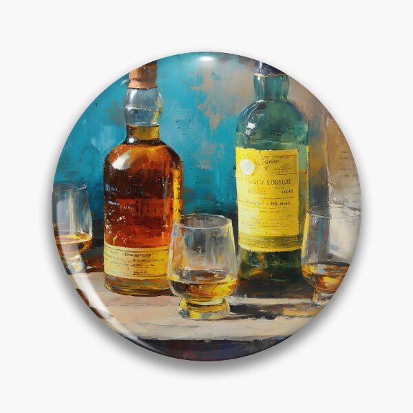 Item preview, Whiskey Bottles and Glasses on Rustic Barrel - Warm Amber Hues Contrast with Vibrant Blues designed and sold by OlfactoART Studio.
