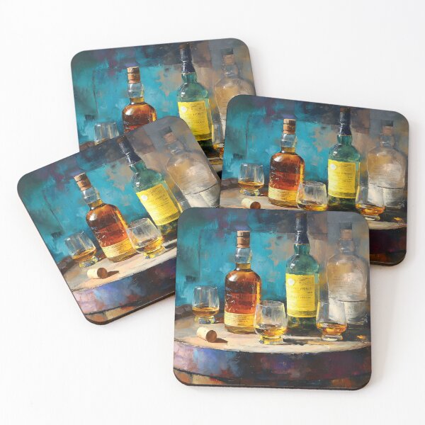 Item preview, Whiskey Bottles and Glasses on Rustic Barrel - Warm Amber Hues Contrast with Vibrant Blues designed and sold by OlfactoART Studio.