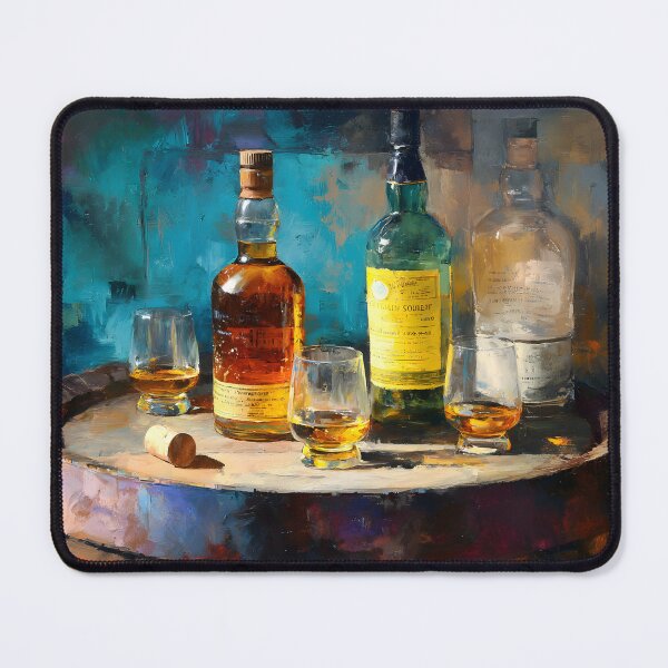 Item preview, Whiskey Bottles and Glasses on Rustic Barrel - Warm Amber Hues Contrast with Vibrant Blues designed and sold by OlfactoART Studio.