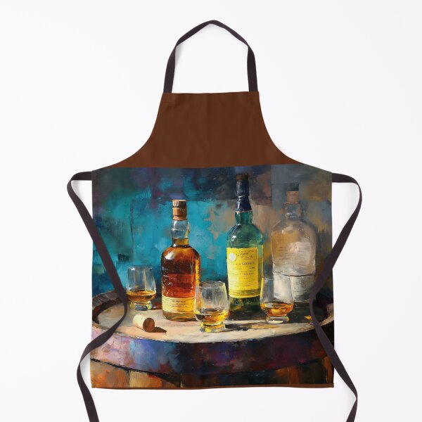 Item preview, Whiskey Bottles and Glasses on Rustic Barrel - Warm Amber Hues Contrast with Vibrant Blues designed and sold by OlfactoART Studio.
