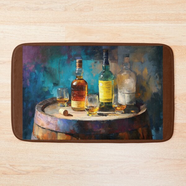 Item preview, Whiskey Bottles and Glasses on Rustic Barrel - Warm Amber Hues Contrast with Vibrant Blues designed and sold by OlfactoART Studio.