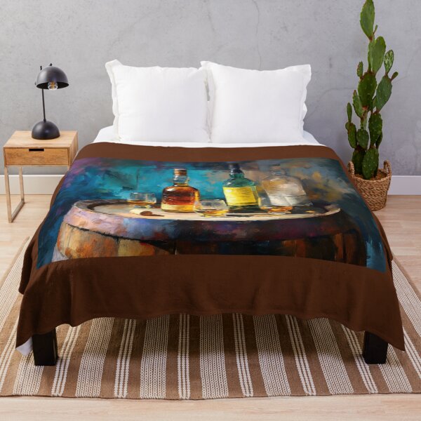 Item preview, Whiskey Bottles and Glasses on Rustic Barrel - Warm Amber Hues Contrast with Vibrant Blues designed and sold by OlfactoART Studio.