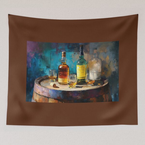 Item preview, Whiskey Bottles and Glasses on Rustic Barrel - Warm Amber Hues Contrast with Vibrant Blues designed and sold by OlfactoART Studio.