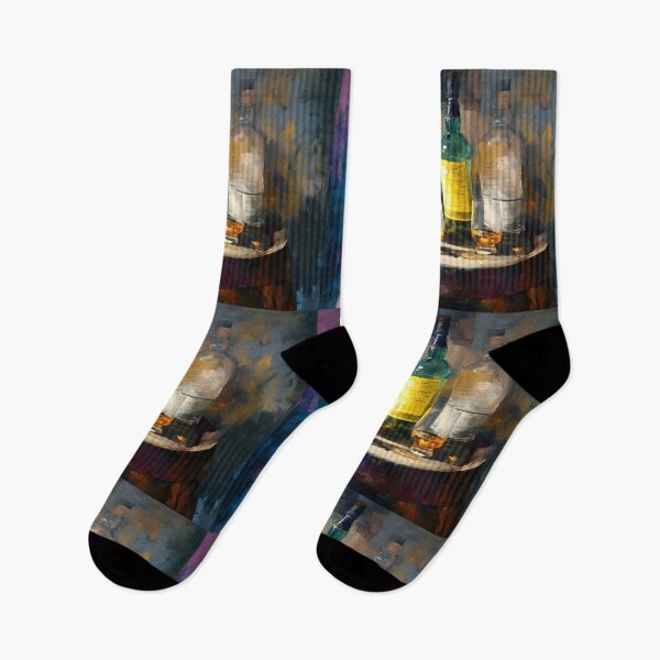 Item preview, Whiskey Bottles and Glasses on Rustic Barrel - Warm Amber Hues Contrast with Vibrant Blues designed and sold by OlfactoART Studio.