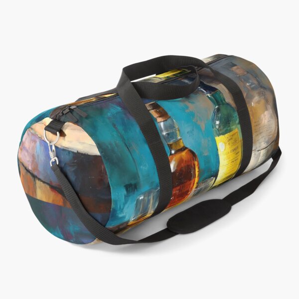Item preview, Whiskey Bottles and Glasses on Rustic Barrel - Warm Amber Hues Contrast with Vibrant Blues designed and sold by OlfactoART Studio.