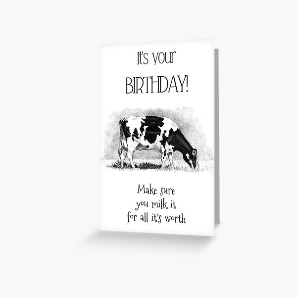 Aperçu de l'œuvre Anniversaire de vache, Traire à volonté, Humour, Dessin de vache laitière créée et vendue par JoyfulWhimsy.