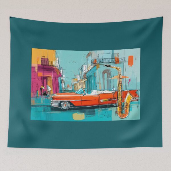 Item preview, Ignite Havana's Urban Jazz Scene - Vibrant Saxophone and Vintage Car in Motion designed and sold by OlfactoART Studio.