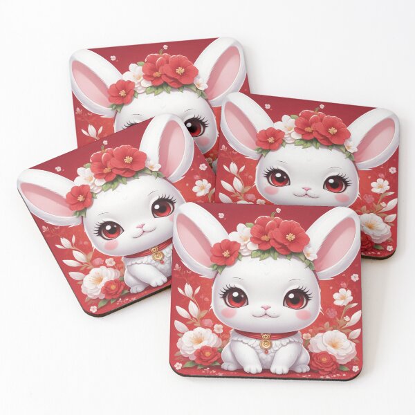 Item preview, White rabbit in the middle of red and white flowers designed and sold by MerlinWear.