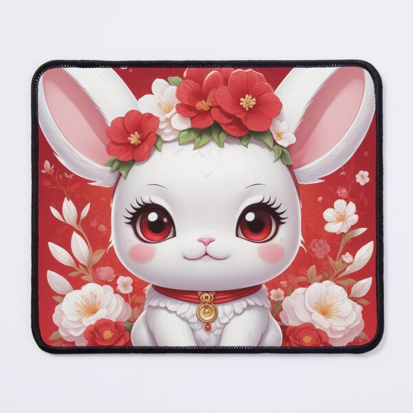 Item preview, White rabbit in the middle of red and white flowers designed and sold by MerlinWear.