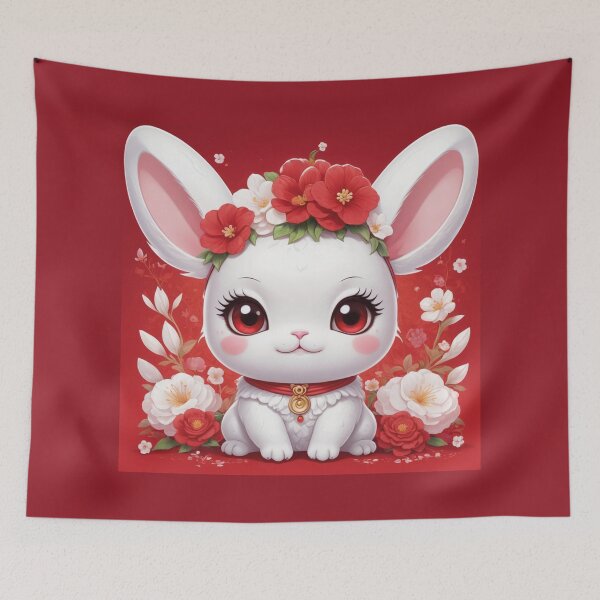 Item preview, White rabbit in the middle of red and white flowers designed and sold by MerlinWear.
