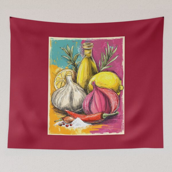 Item preview, Flavor in Motion - A Bold Sketch of Mediterranean Ingredients Featuring Garlic, Onion, Lemon, Olive Oil, and Fiery Red Chili designed and sold by OlfactoART Studio.