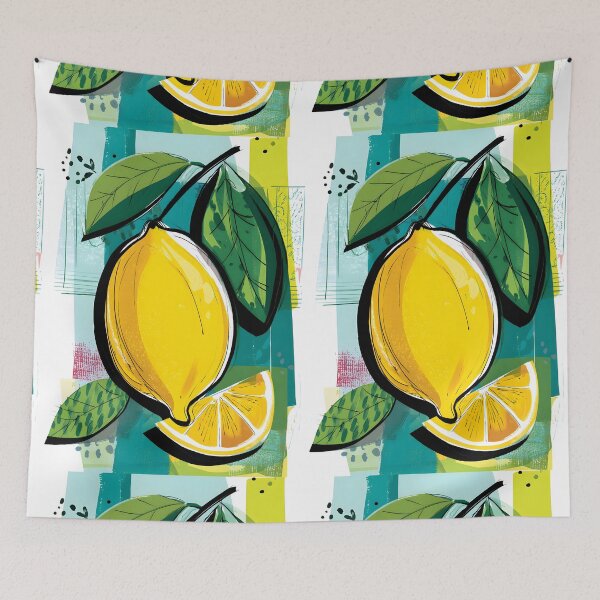 Item preview, Lemon Vibrance - Bold Yellow Lemon and Green Leaves Against Abstract Blue and Green Background designed and sold by OlfactoART Studio.